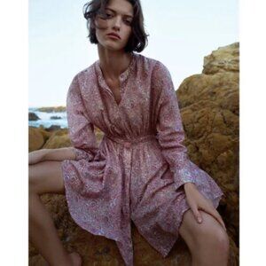 ULLA JOHNSON Floral Print Cotton Silk Long Sleeve Tie Back Dress 4 Pink